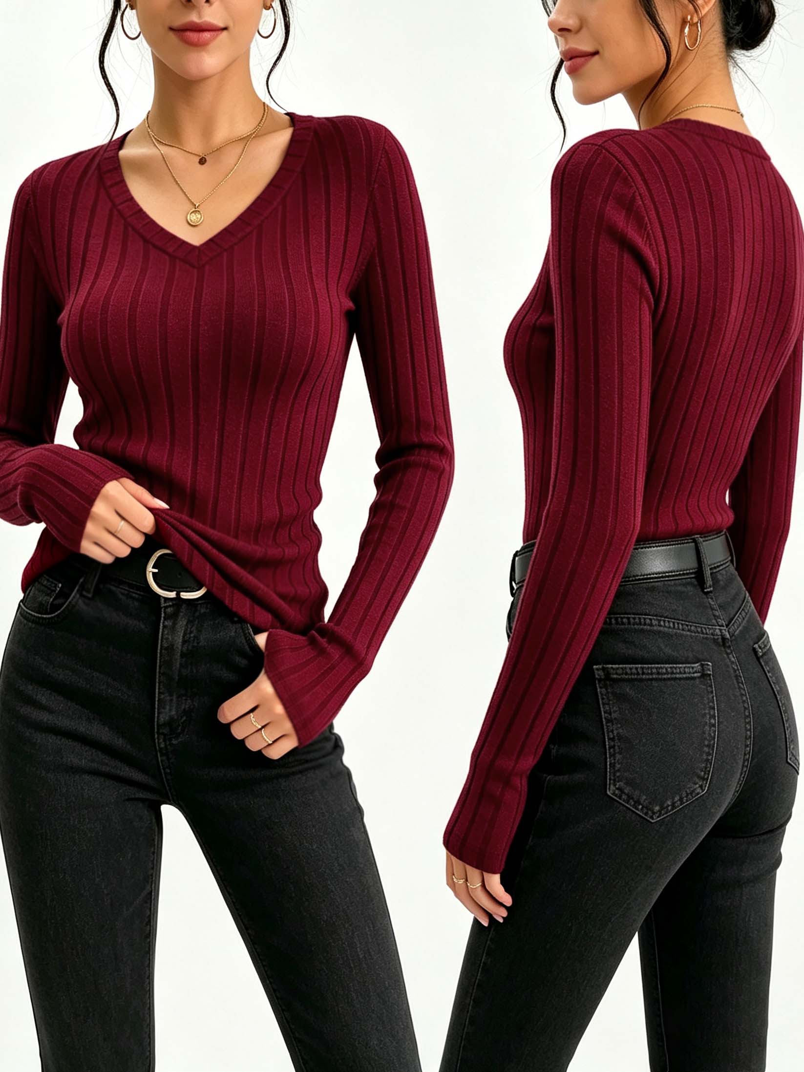 Winter Clothing For Women - Damska gładka bluzka z dekoltem w