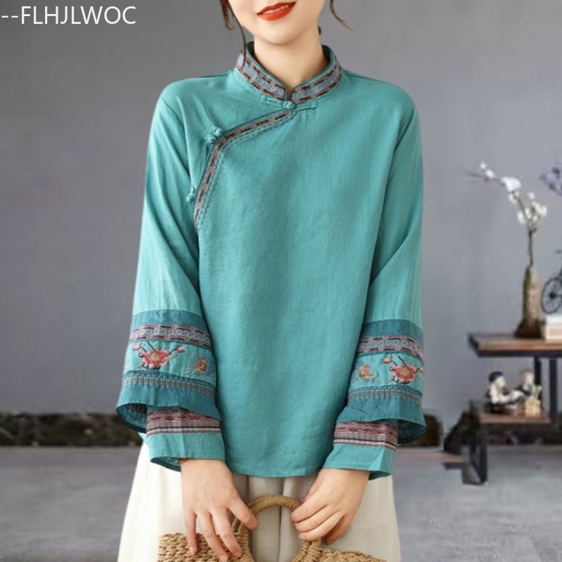 Winter Clothing Vintage - Bawełniane lniane bluzki z haftem w